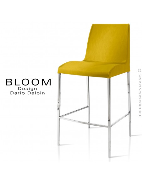 Tabouret de bar lounge BLOOM, structure acier chromé, assise et dossier garnis, habillage tissu jaune