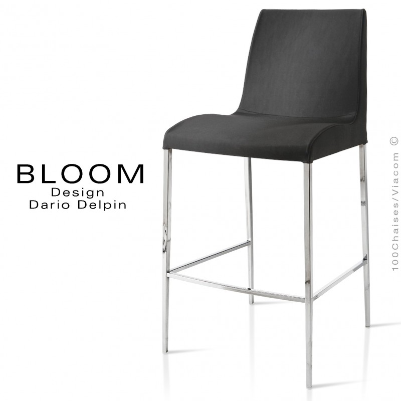 Tabouret de bar lounge BLOOM, structure acier chromé, assise et dossier garnis, habillage tissu noir