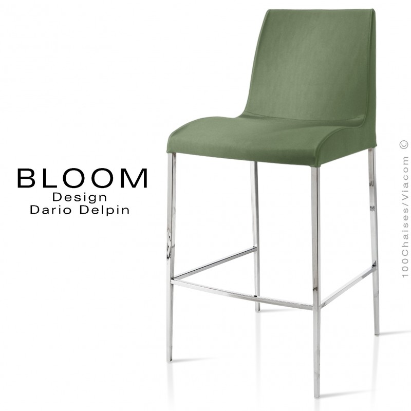 Tabouret de bar lounge BLOOM, structure acier chromé, assise et dossier garnis, habillage tissu vert 1C