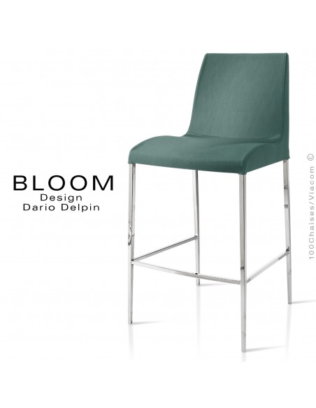 Tabouret de bar lounge BLOOM, structure acier chromé, assise et dossier garnis, habillage tissu vert-gris