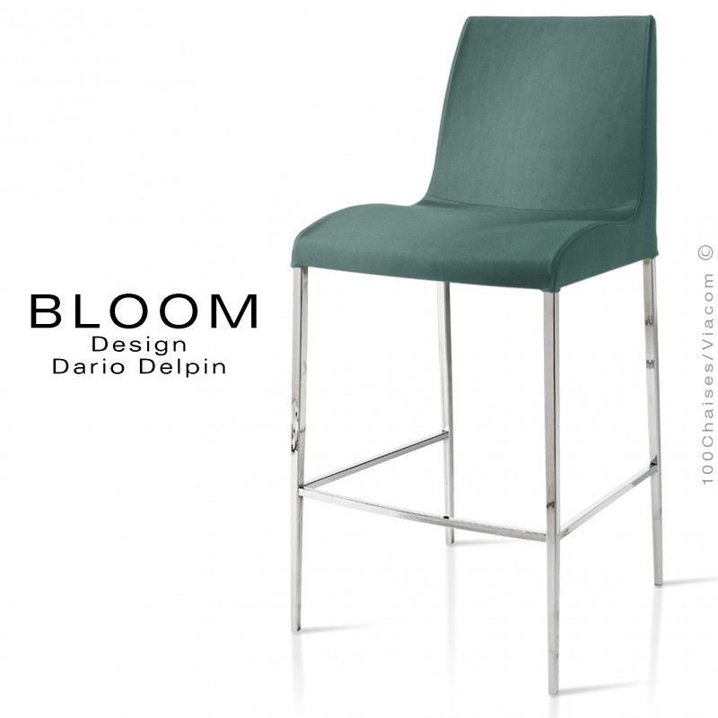 Tabouret de bar lounge BLOOM, structure acier chromé, assise et dossier garnis, habillage tissu vert-gris