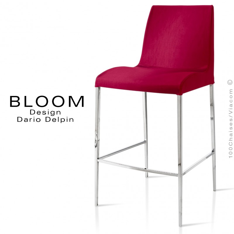 Tabouret de bar lounge BLOOM, structure acier chromé, assise et dossier garnis, habillage tissu vin
