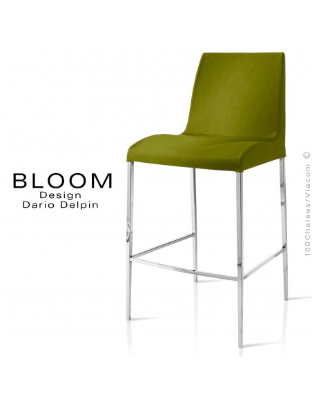 Tabouret de bar lounge BLOOM, structure acier chromé, assise et dossier garnis, habillage tissu vert 1K