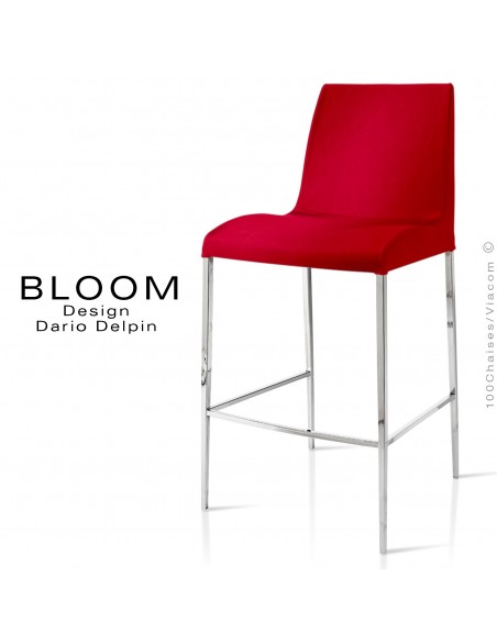 Tabouret de bar lounge BLOOM, structure acier chromé, assise et dossier garnis, habillage tissu rouge