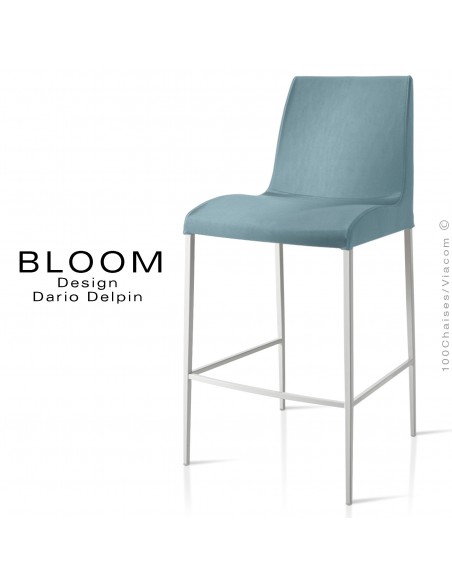 Tabouret de bar lounge BLOOM, structure acier peint blanc, assise et dossier garnis, habillage tissu bleu