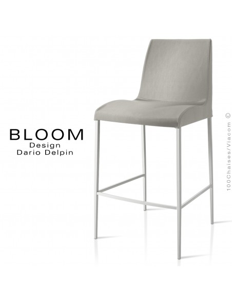 Tabouret de bar lounge BLOOM, structure acier peint blanc, assise et dossier garnis, habillage tissu gris