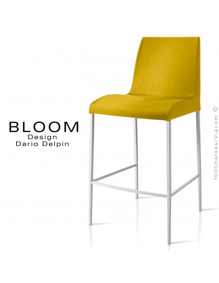 Tabouret de bar lounge BLOOM, structure acier peint blanc, assise et dossier garnis, habillage tissu jaune
