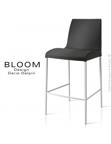 Tabouret de bar lounge BLOOM, structure acier peint blanc, assise et dossier garnis, habillage tissu noir