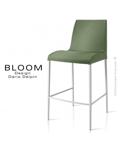 Tabouret de bar lounge BLOOM, structure acier peint blanc, assise et dossier garnis, habillage tissu vert 1C