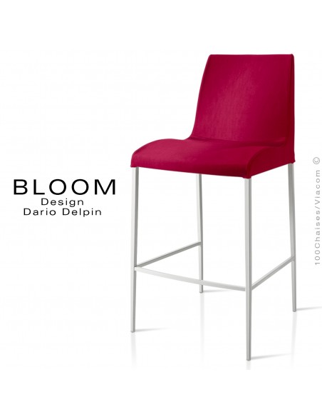 Tabouret de bar lounge BLOOM, structure acier peint blanc, assise et dossier garnis, habillage tissu vin