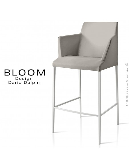 Tabouret de bar lounge avec accoudoirs BLOOM, structure acier peint blanc, assise et dossier garnis, habillage tissu gris