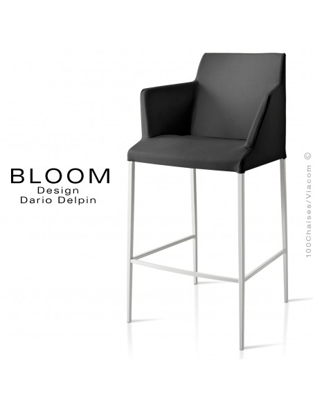 Tabouret de bar lounge avec accoudoirs BLOOM, structure acier peint blanc, assise et dossier garnis, habillage tissu noir