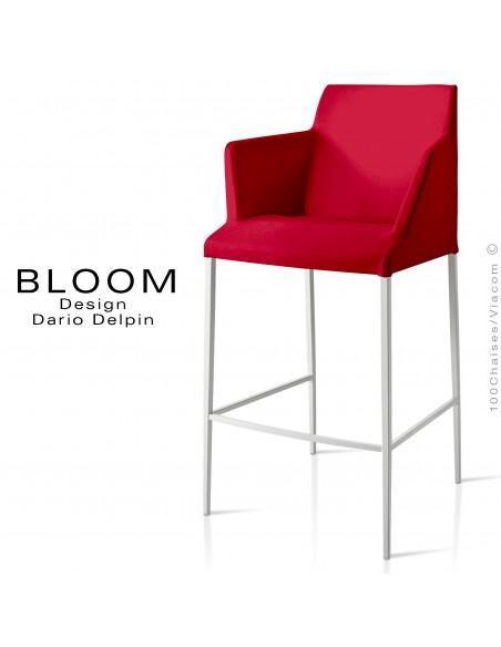 Tabouret de bar lounge avec accoudoirs BLOOM, structure acier peint blanc, assise et dossier garnis, habillage tissu rouge