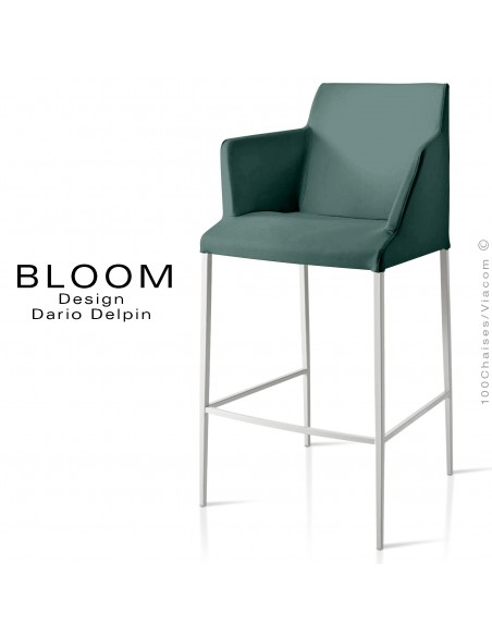 Tabouret de bar lounge avec accoudoirs BLOOM, structure acier peint blanc, assise et dossier garnis, habillage tissu vert-gris