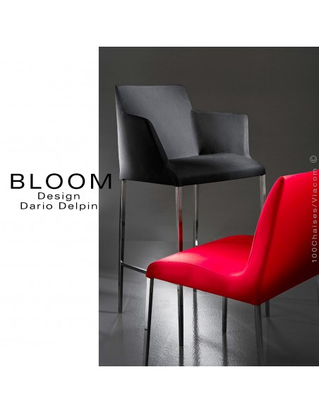 Tabouret de bar lounge BLOOM, structure acier chromé, assise et dossier garnis, habillage tissu 100% laine