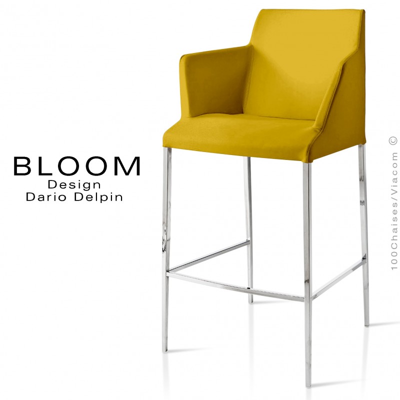 Tabouret de bar lounge avec accoudoirs BLOOM, structure acier chromé, assise et dossier garnis, habillage tissu jaune