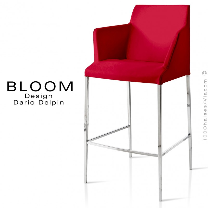Tabouret de bar lounge avec accoudoirs BLOOM, structure acier chromé, assise et dossier garnis, habillage tissu rouge