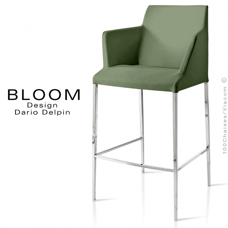 Tabouret de bar lounge avec accoudoirs BLOOM, structure acier chromé, assise et dossier garnis, habillage tissu vert 1C