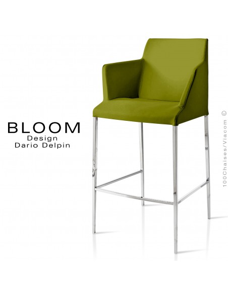 Tabouret de bar lounge avec accoudoirs BLOOM, structure acier chromé, assise et dossier garnis, habillage tissu vert 1K