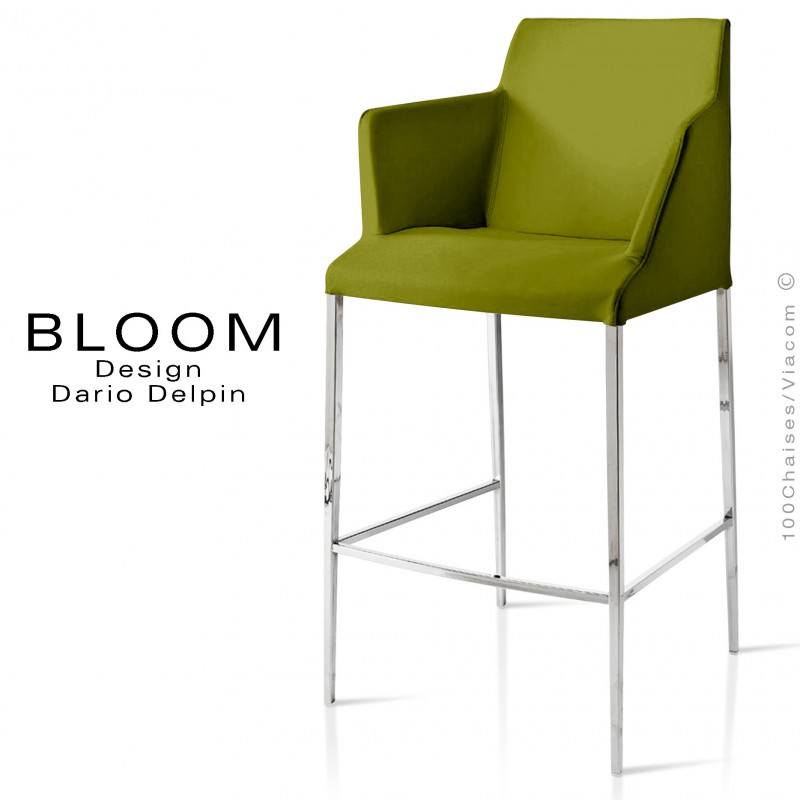 Tabouret de bar lounge avec accoudoirs BLOOM, structure acier chromé, assise et dossier garnis, habillage tissu vert 1K