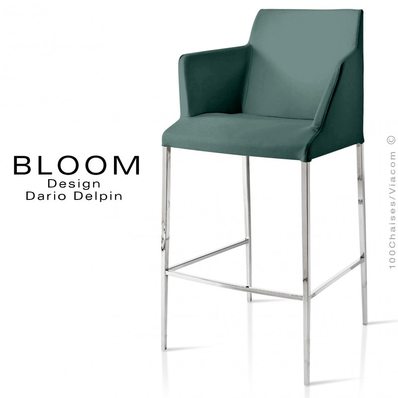 Tabouret de bar lounge avec accoudoirs BLOOM, structure acier chromé, assise et dossier garnis, habillage tissu vert-gris