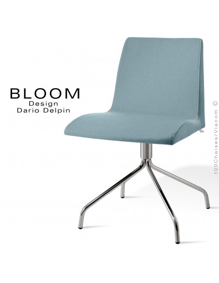 Chaise confort bureau pivotante BLOOM, pieds 4 branches acier chromé, assise et dossier garnis, habillage 100% laine, bleu