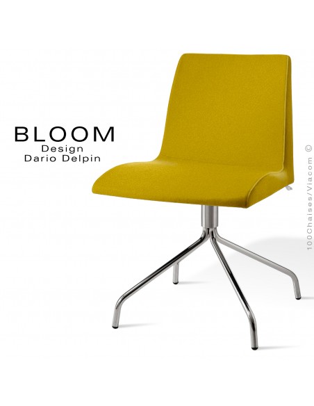 Chaise confort bureau pivotante BLOOM, pieds 4 branches acier chromé, assise et dossier garnis, habillage 100% laine, jaune