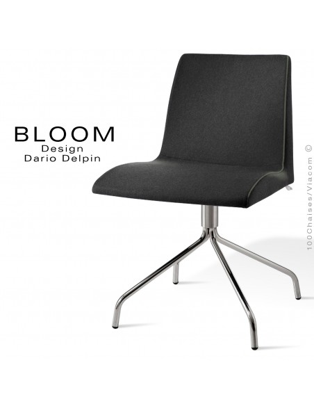 Chaise confort bureau pivotante BLOOM, pieds 4 branches acier chromé, assise et dossier garnis, habillage 100% laine, noir