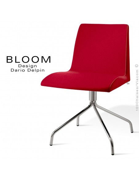 Chaise confort bureau pivotante BLOOM, pieds 4 branches acier chromé, assise et dossier garnis, habillage 100% laine, rouge