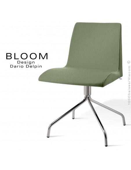 Chaise confort bureau pivotante BLOOM, pieds 4 branches acier chromé, assise et dossier garnis, habillage 100% laine, vert 1C