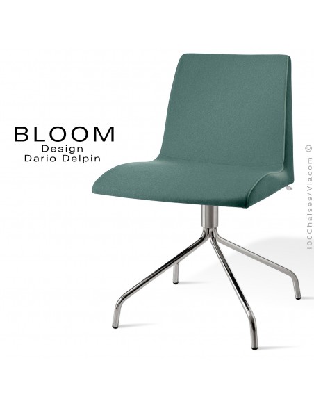 Chaise confort bureau pivotante BLOOM, pieds 4 branches acier chromé, assise et dossier garnis, habillage 100% laine, vert-gris