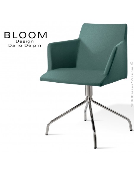 Fauteuil confort bureau pivotant BLOOM, pieds 4 branches acier chromé, assise et dossier garnis, habillage, vert-gris