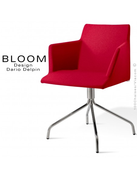 Fauteuil confort bureau pivotant BLOOM, pieds 4 branches acier chromé, assise et dossier garnis, habillage 100% laine, rouge