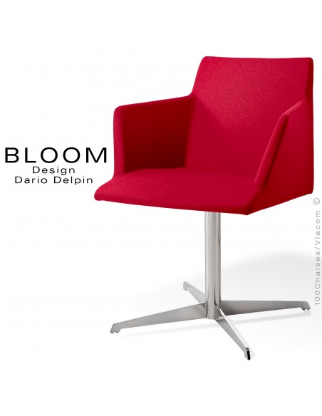Fauteuil pivotant confort BLOOM, pied colonne central 4 branches acier chromé, assise et dossier garnis, habillage feutre rouge