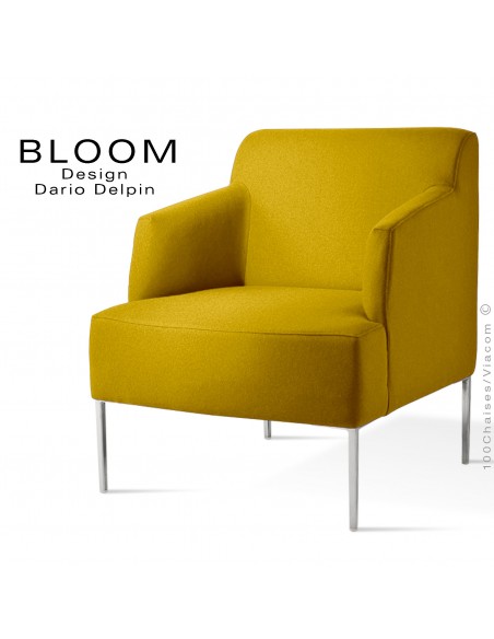 Fauteuil pour salon lounge BLOOM, piètement acier chromé, assise et dossier garnis, habillage feutre jaune