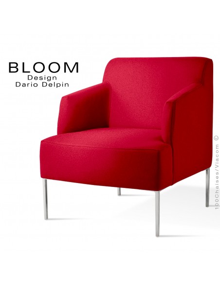 Fauteuil pour salon lounge BLOOM, piètement acier chromé, assise et dossier garnis, habillage feutre rouge