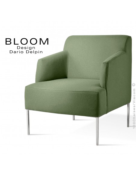 Fauteuil pour salon lounge BLOOM, piètement acier chromé, assise et dossier garnis, habillage feutre vert 1C
