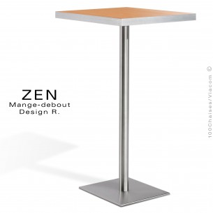 Table mange-debout pour restauration ZEN piètement colonne centrale inox, plateau stratifié aspect bois hêtre.