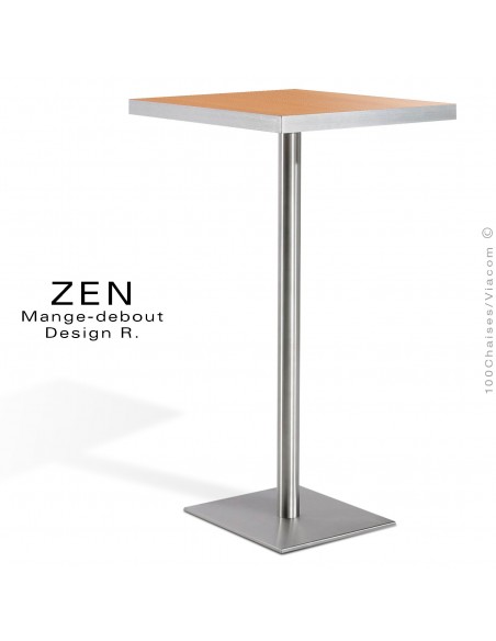 Table mange-debout pour restauration ZEN piètement colonne centrale inox, plateau stratifié aspect bois hêtre.