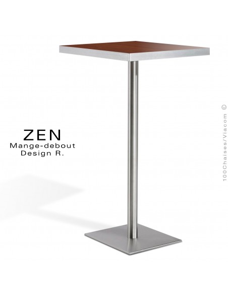Table mange-debout pour restauration ZEN piètement colonne centrale inox, plateau stratifié aspect bois noyer moyen