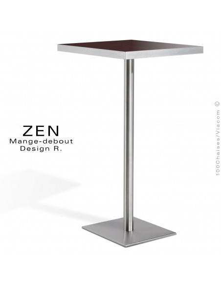 Table mange-debout pour restauration ZEN piètement colonne centrale inox, plateau stratifié aspect bois noyer foncé