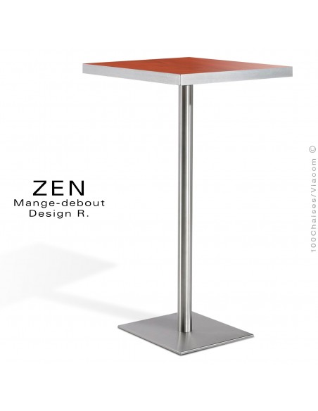 Table mange-debout pour restauration ZEN piètement colonne centrale inox, plateau stratifié aspect bois merisier