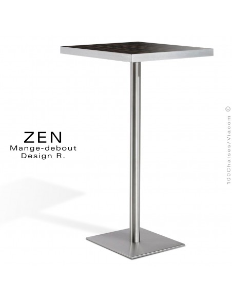 Table mange-debout pour restauration ZEN piètement colonne centrale inox, plateau stratifié aspect noyer veiné