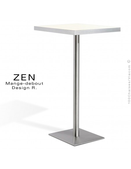 Table mange-debout pour restauration ZEN piètement colonne centrale inox, plateau stratifié couleur blanc