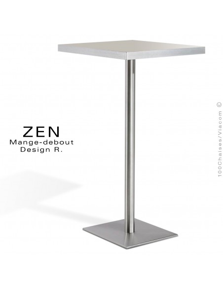 Table mange-debout pour restauration ZEN piètement colonne centrale inox, plateau stratifié couleur gris clair