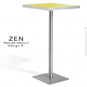 Table mange-debout pour restauration ZEN piètement colonne centrale inox, plateau stratifié couleur jaune
