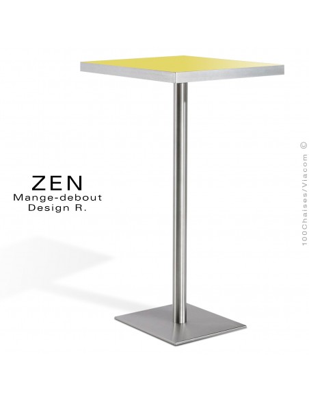 Table mange-debout pour restauration ZEN piètement colonne centrale inox, plateau stratifié couleur jaune