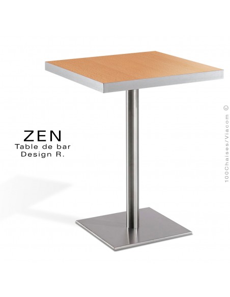 Table pour la restauration et l'hôtellerie ZEN piètement colonne centrale inox, plateau stratifié aspect bois hêtre naturel