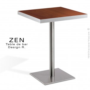 Table pour la restauration et l'hôtellerie ZEN piètement colonne centrale inox, plateau stratifié aspect bois noyer foncé