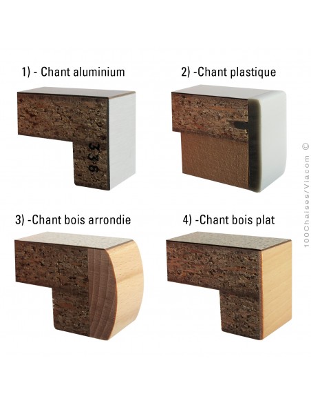 Profil chant plateau possible sur demande.ement colonne centrale inox, plateau stratifié aspect bois hêtre.
